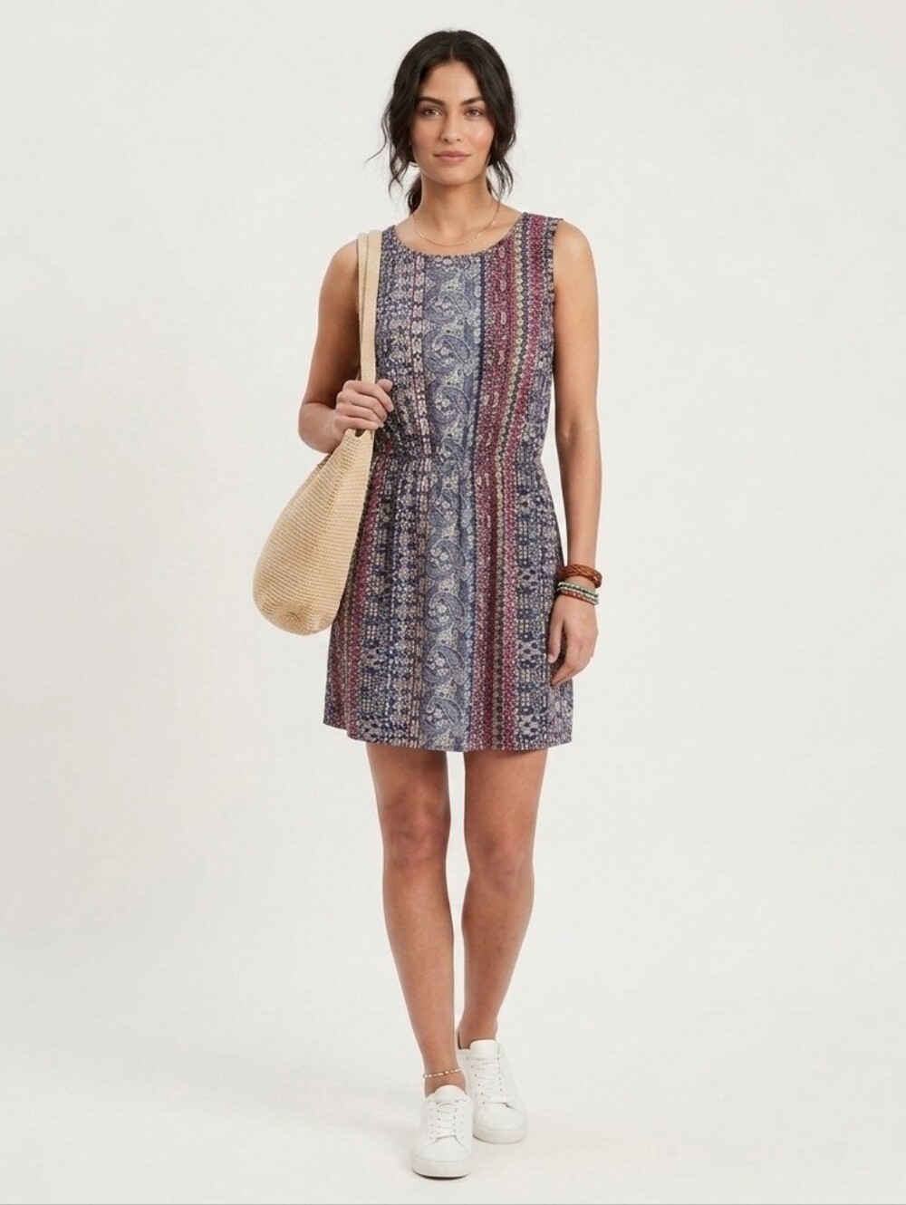Multipatterned dress with elastic waist